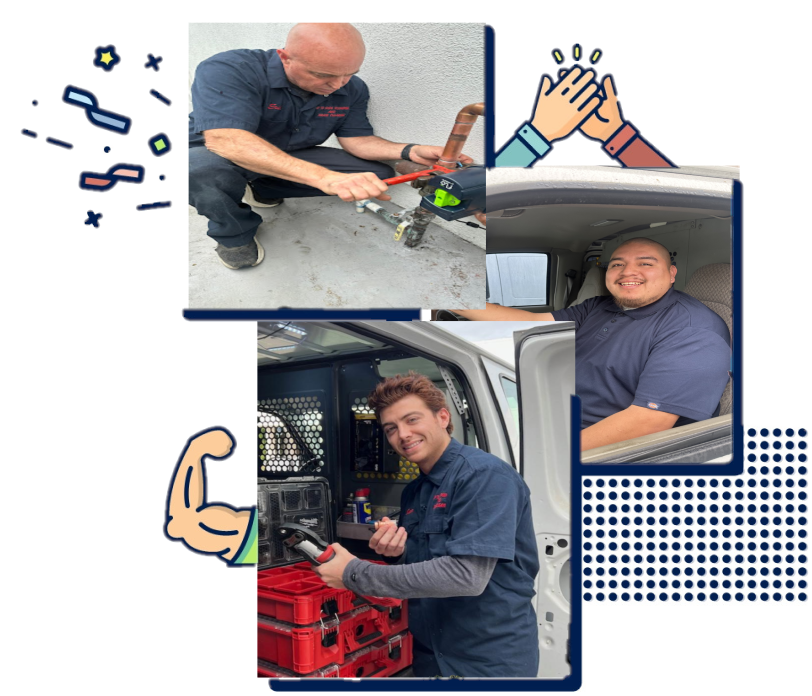 3 images of WiseWay plumbers doing work or in a van