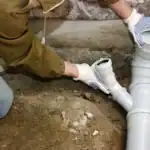 A person fixing a drain pipe