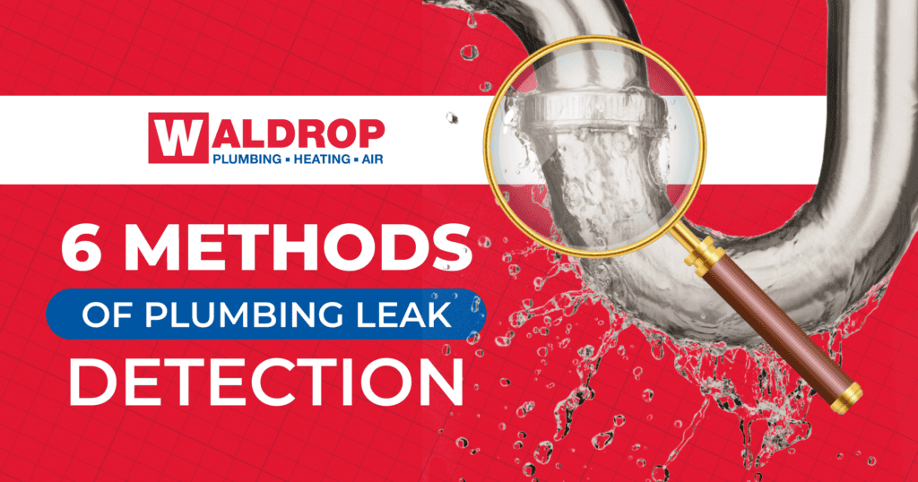 A magnifying glass on a pipe talking about leak detection