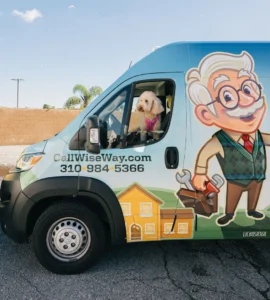 dog in branded truck