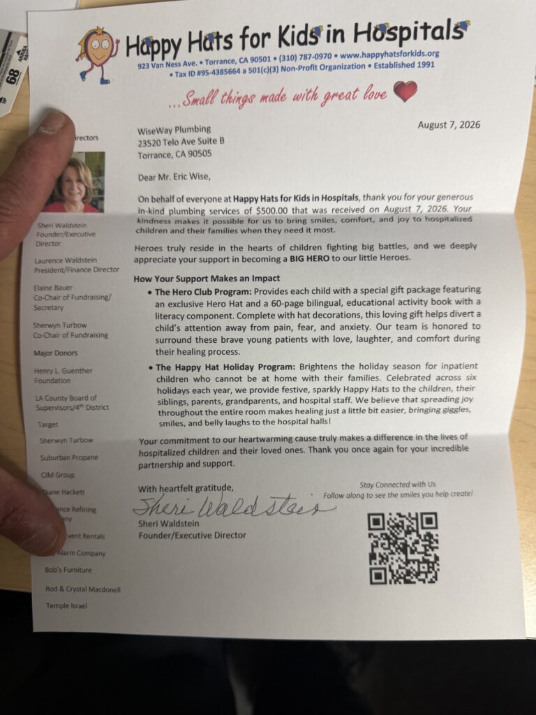 Wiseway plumbing gives back to happy hats for kids in hospitals 1 Happy hats dontaion confirmation letter to wiseway
